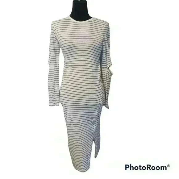 Current/Elliott The Quince Striped Cutout Long Sleeve Midi Dress 0 - Picture 2 of 14